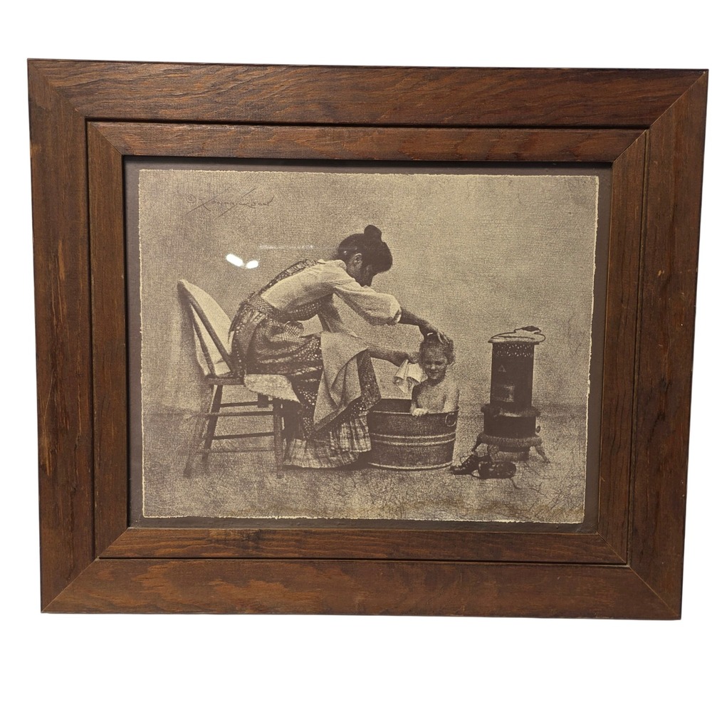 Vintage R Hendrickson Mother and Child Bathing Framed Art Print Americana*